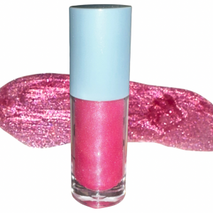 Pink Dream strawberry kiwis lipgloss on a white background with a glossy swatch showing its smooth, high shine finish.