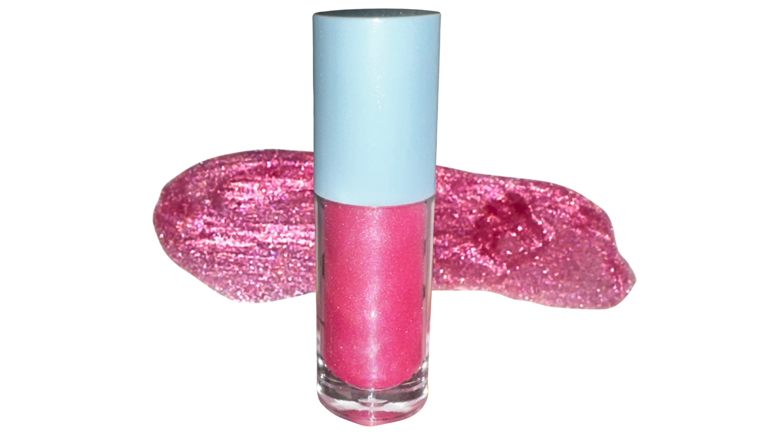 Pink Dream strawberry kiwis lipgloss on a white background with a glossy swatch showing its smooth, high shine finish.